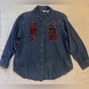 Vintage Casey & Max Denim Shirt XL – Plaid Patchwork Embroidered Button Down